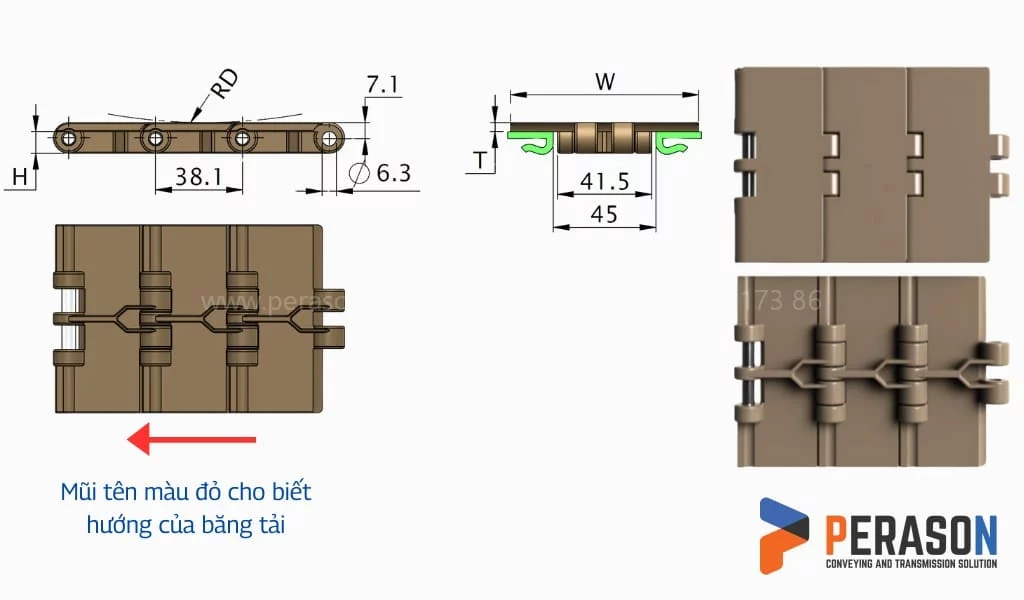 Bản vẽ chi tiết kích thước thông số kỹ thuật dòng xích nhựa 820 Bản vẽ chi tiết kích thước thông số kỹ thuật dòng xích nhựa 820